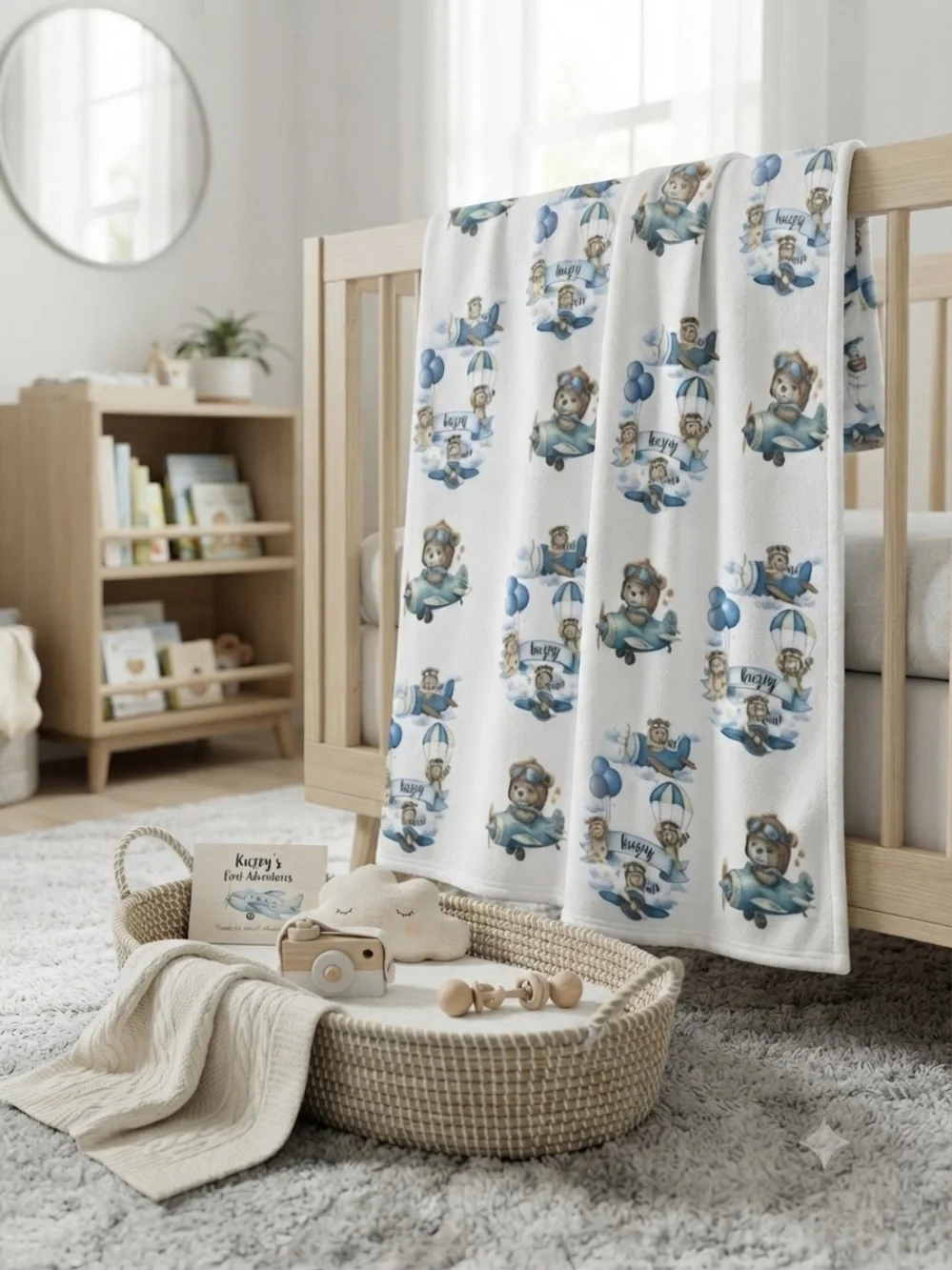 Blue Teddy Airplane Baby Blanket